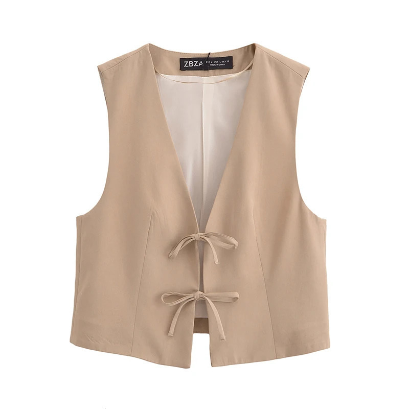 Willshela Women Fashion Solid Bow Lace Up Sleeveless Jacket Vintage VNeck Vest Female Office Lady Waistcoats 241104