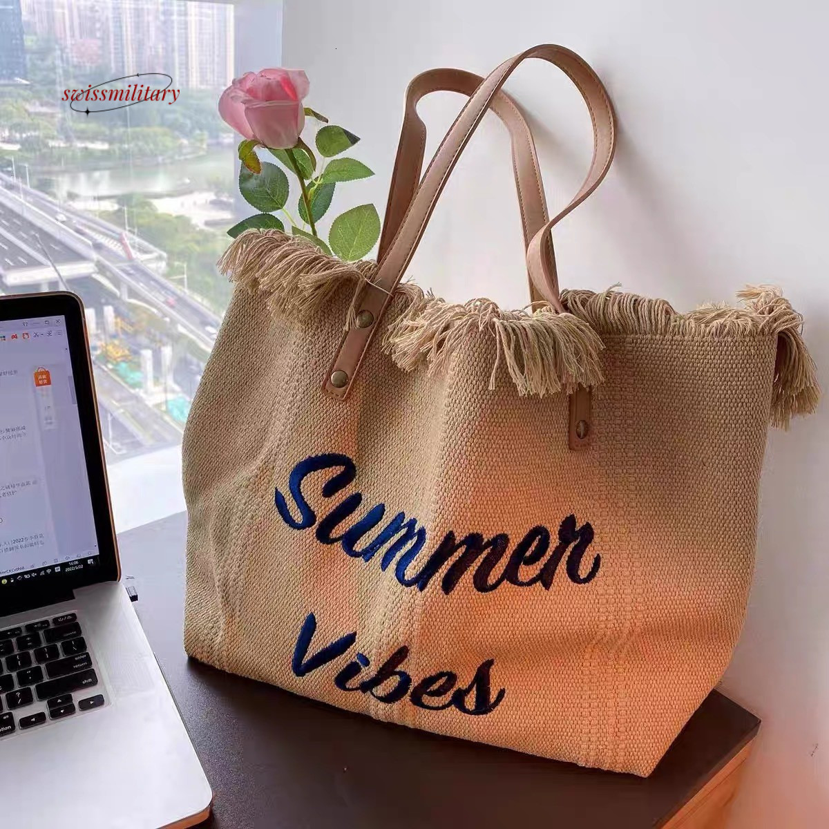 2022 new beach travel tote fashionable and simple tassel mommy large capacity single shoulder bag, trendy #17 swissmilitary