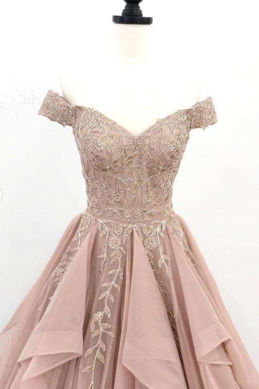 Pink Dusty Prom Off Shoulder Sequin Applique A E V Neck Tiered Tulle Or Length Evening Dress Bc vening