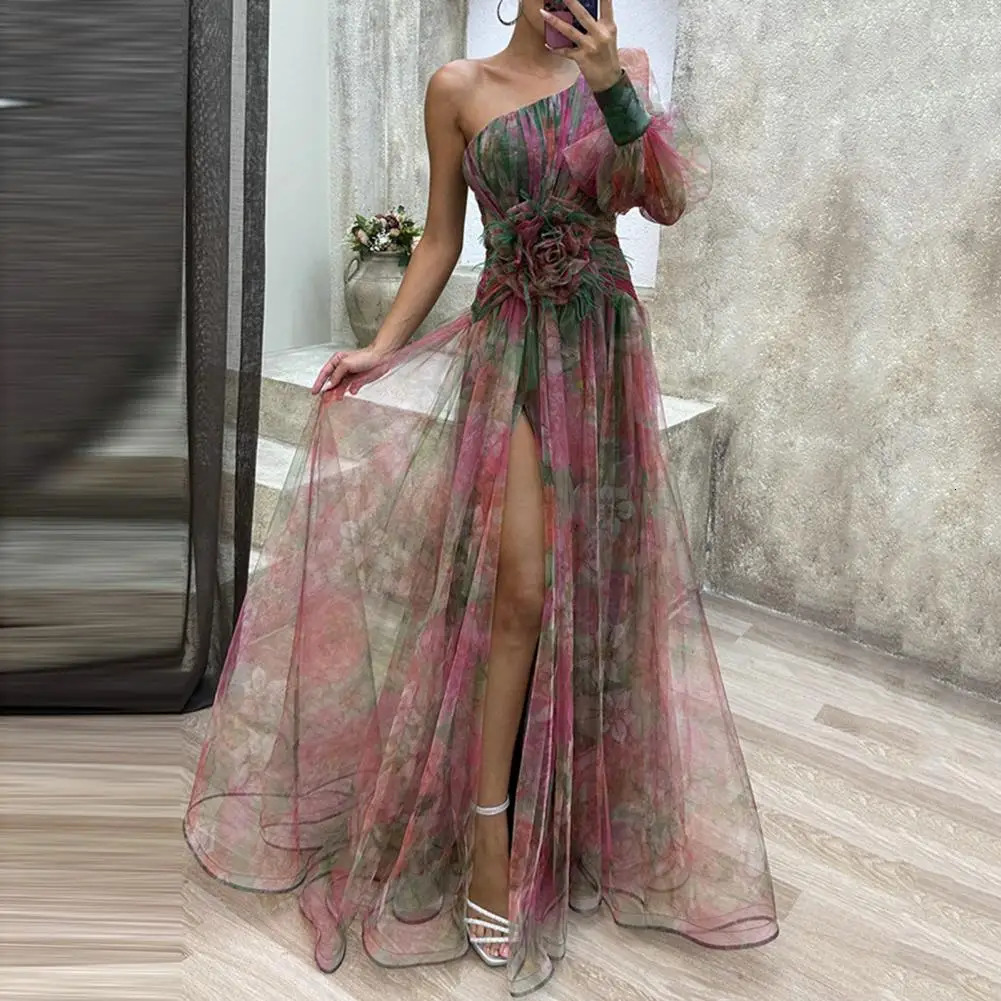 Tiedye Print Offshoulder Dress Formal Evening Elegant One Shoulder Ball Gown with Mesh Bubble Sleeve Split Hem 240411
