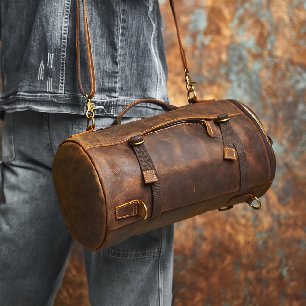 Men's leather bucket backpack, crazy horse leather luggage bag crossbody bag, very suitable for outdoor and leisure travel