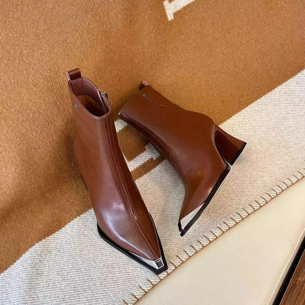 Women's Fashion Boots:Anti Slip High Heel Chunky Heel Pointed Toe Martin Boots Versatile New Design,Black/Brown,Free shipping