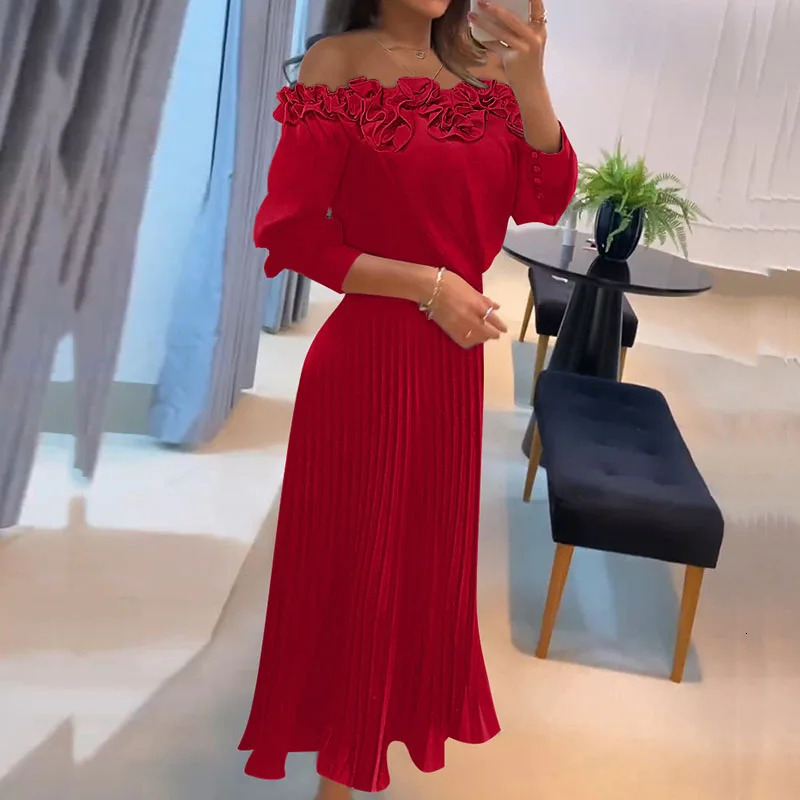 Elegant shoulder pleated party dress red long sleeved waist womens A-line dress spring/summer casual pleated office dress 241031