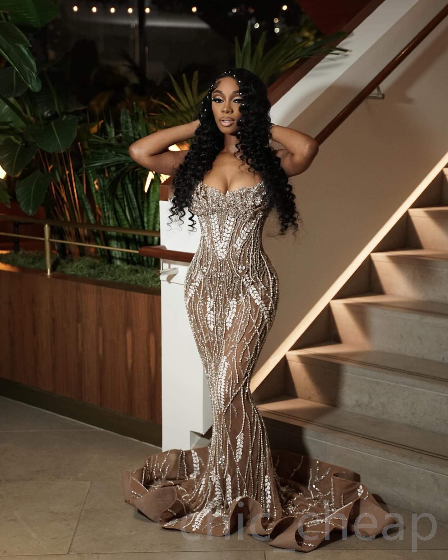 2024 Plus Size Brown Illusion Mermaid Prom Dresses For Special Occasions Rhinestones Lace Beaded Evening Party Birthday Gowns Dress For Women Vestidos