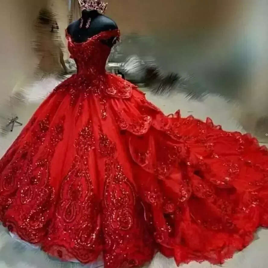 Sparkly Red Quinceanera Dresses Off The Shoulder Puffy Tiered Skirt Sweet 16 Dress Sequins Applique Beaded Vestidos De 15