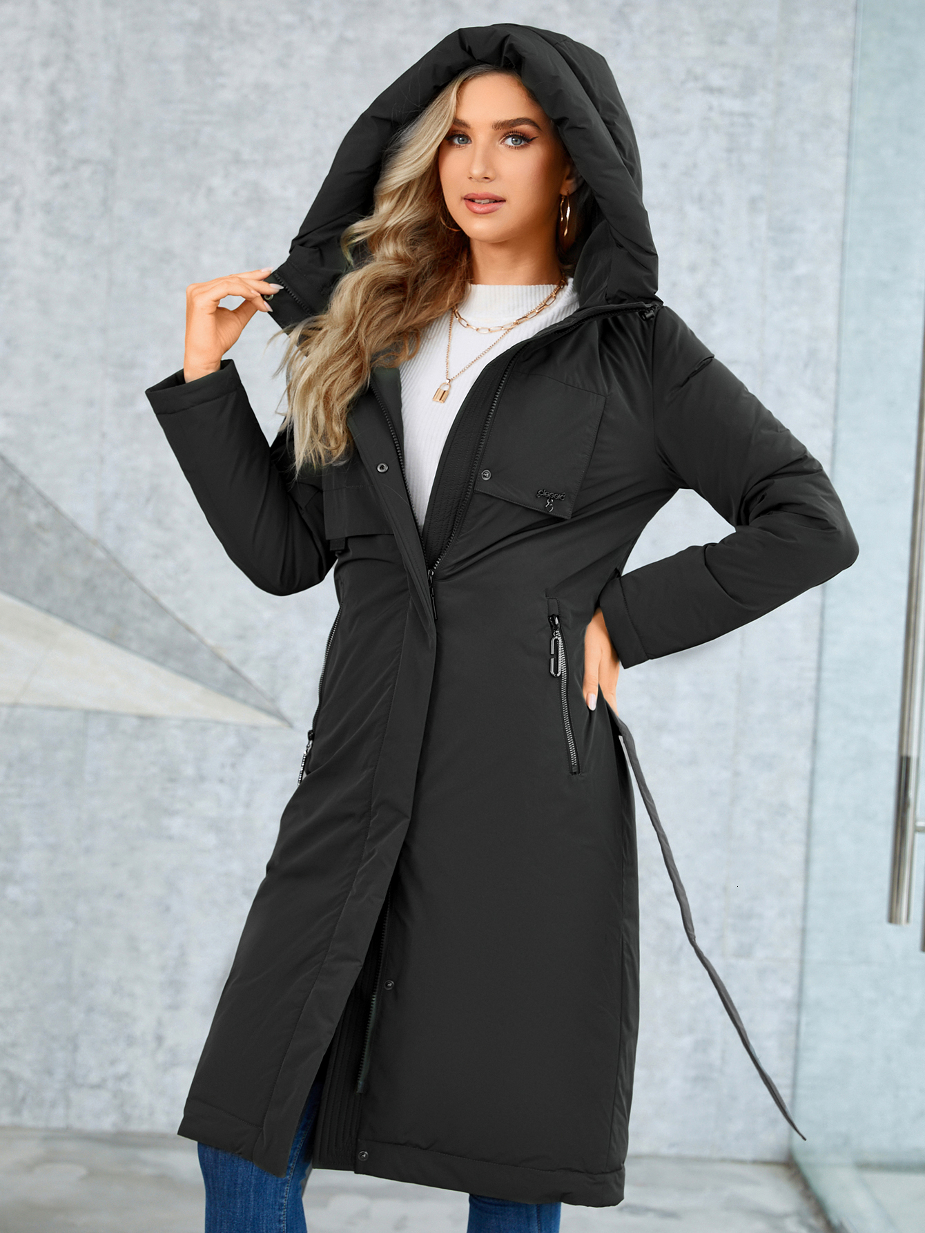 Cinemore Winter Down Jacket Women Warm Long Classic Zipper Lacing Design Pocket Hooded Slim Parkas Female Coat Gm-82160