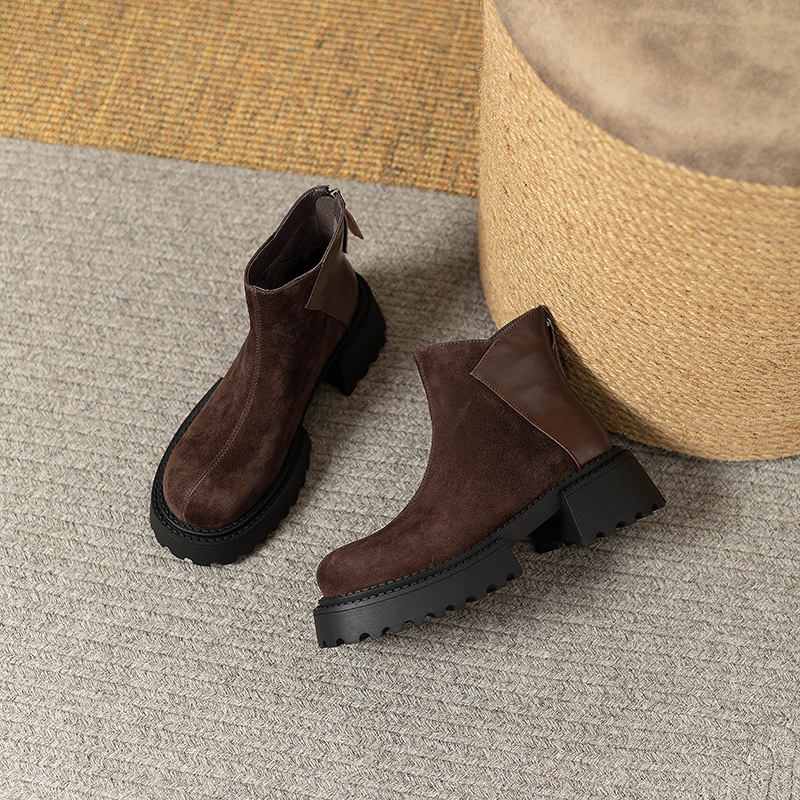 Women's Fashion Boots:Retro Round Toe Thick Sole Short Boots Winter New Trendy Versatile Martin Boots,Black/Brown,Free shipping