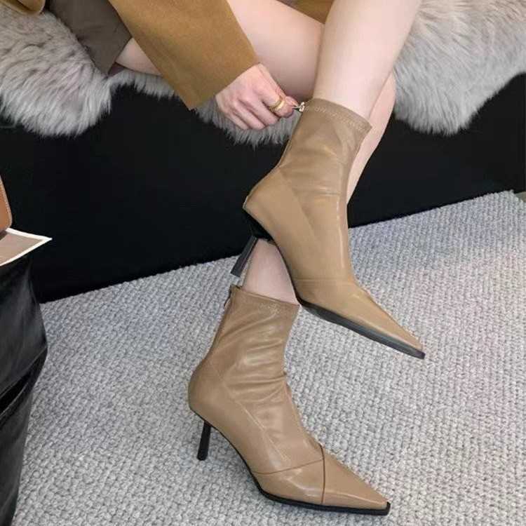 CMM French Thin Heel Pointed Thin Boots High Heels Bare Boots Womens Short Boots Autumn and Winter New Single Boots Korean Version Fashion Boots