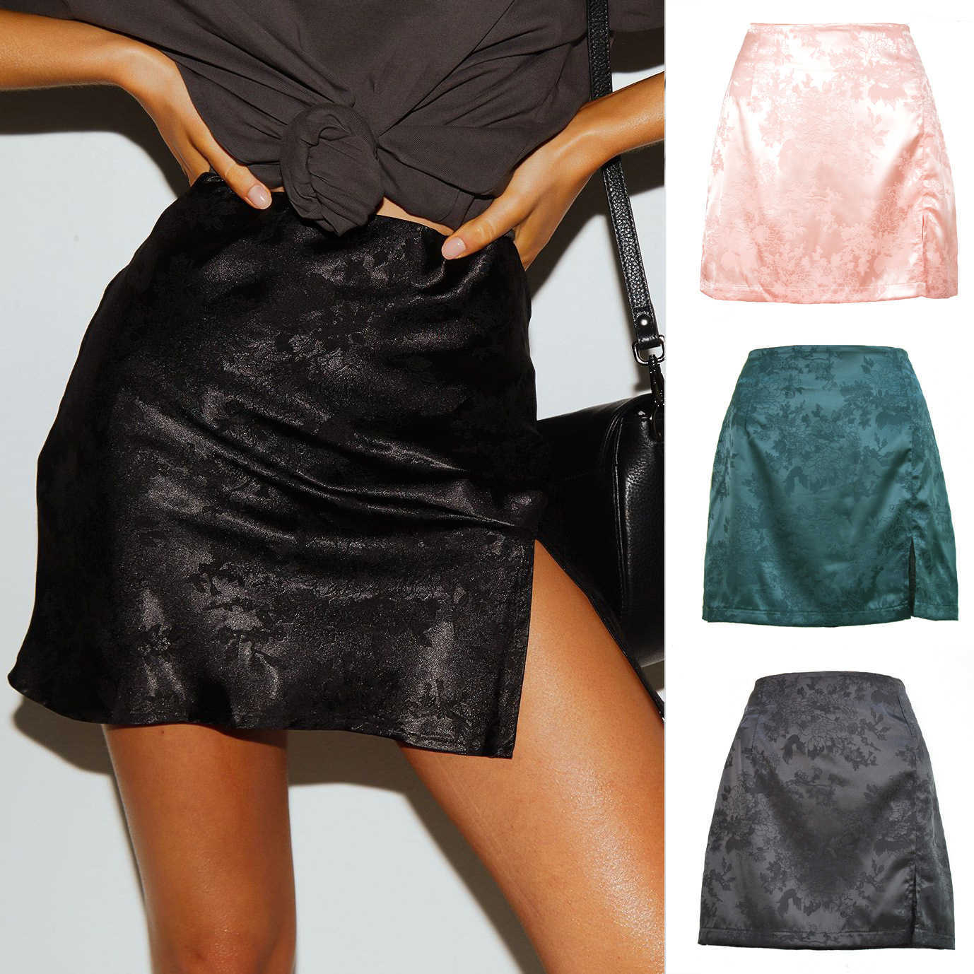 Sexy Jacquard Satin Short Skirt Women Vintage Skirt Spring Summer WoMens Split Skirt High Waist Zipper Skirt 241023