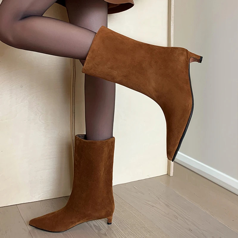 Autumn Winter Genuine Leather Boots Pointed Toe Solid Color Cat Heels Ankle Botas Mid Fashion Short 241104