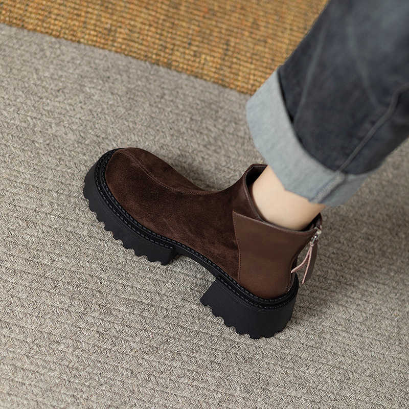 Women's Fashion Boots:Retro Round Toe Thick Sole Short Boots Winter New Trendy Versatile Martin Boots,Black/Brown,Free shipping