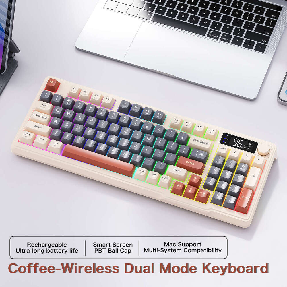 M96 Bluetooth Keyboard,2.4G Dual Mode Connection,Battery Digital Display,Multimedia Knob, Colourful Light,PC Notebook