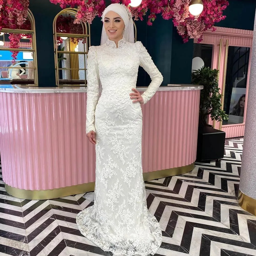 Lace Mermaid Muslim Wedding Dresses Long Sleeves High Neck Ivory Bridal Gowns Arabic Islamic Formal Dress Hijab Vestido De Novia