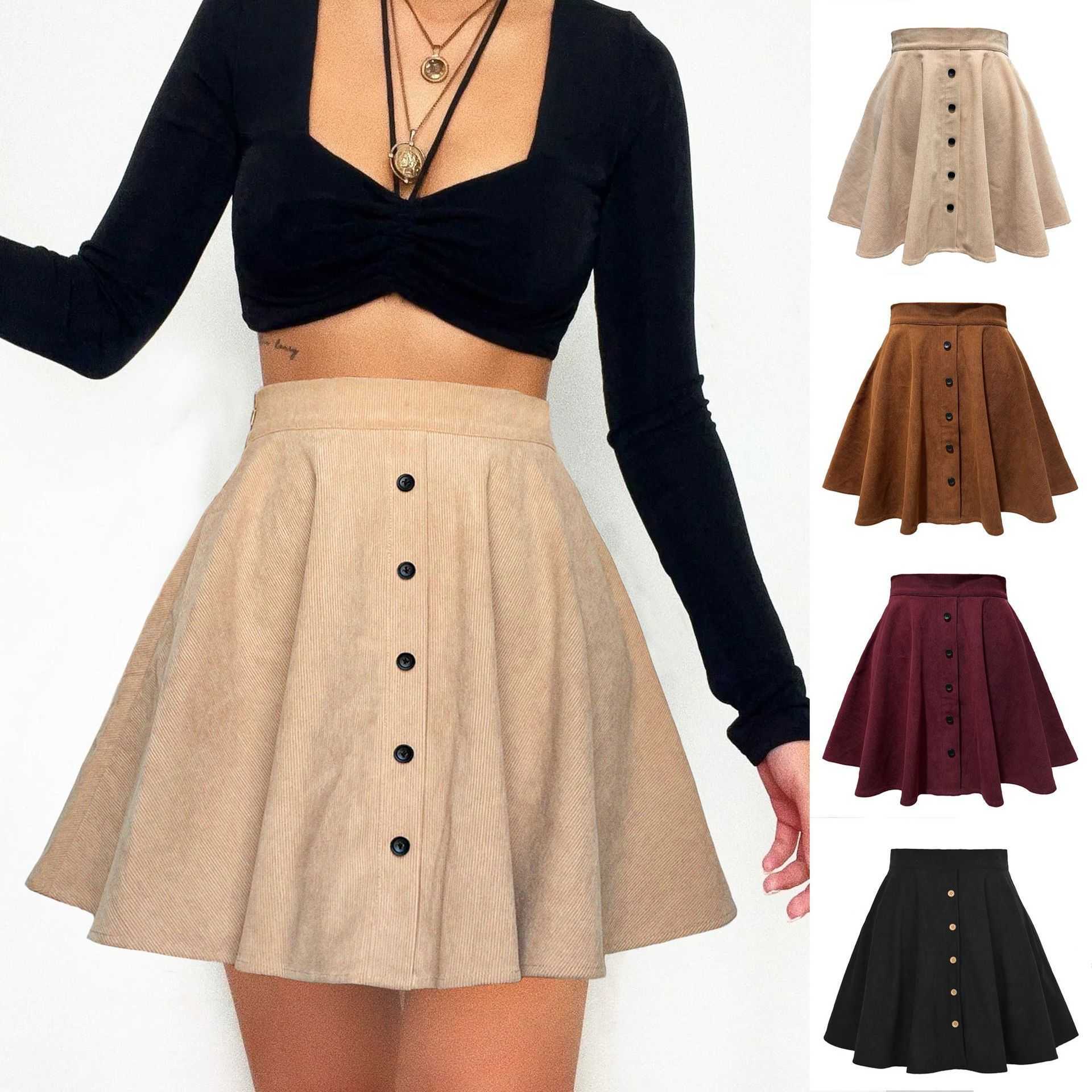 WoMens Solid Color Corduroy Short Skirt Autumn And Winter Career Skirts Fashion Sweet Single Row Button High Waist Umbrella Skirt 241023