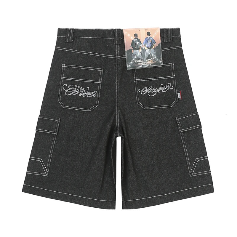Hip Hop Summer Embroidery Floral Baggy Over Knee Jeans Shorts Mens Vintage Wide Leg Pockets Oversized Denim Five Point Pants 240327