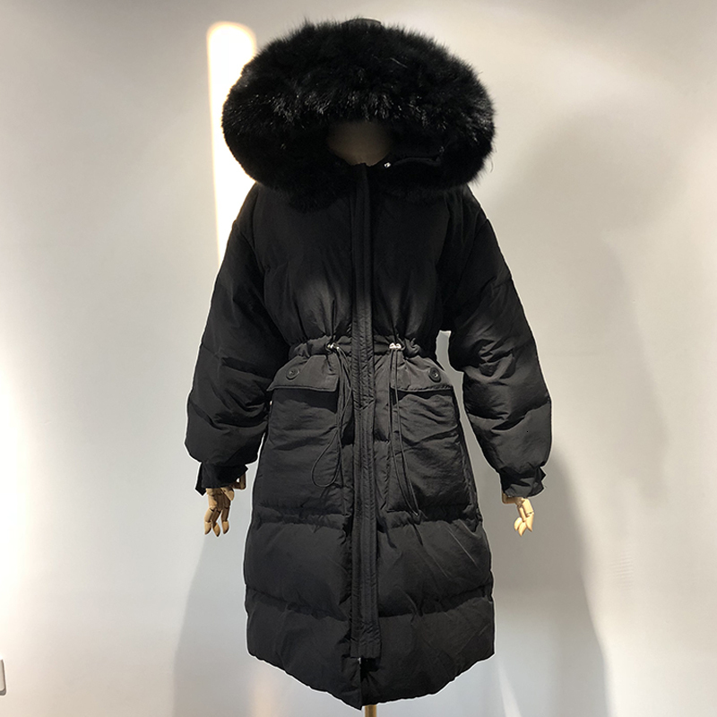 Women's Down Jacket Winter Loose Mid-Length Thickened Drawstring Hooded Big Fox Fur Collar 2022 New Solid Korean Coat