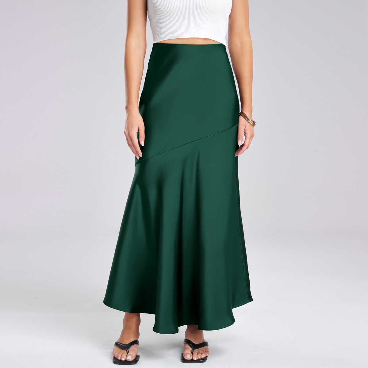 WoMens Acetate Satin Long Skirt With High Waist And Elastic Career Skirts Splicing Slim Fit And Slimming Hip Hugging Skirt Clothes For Women 241023