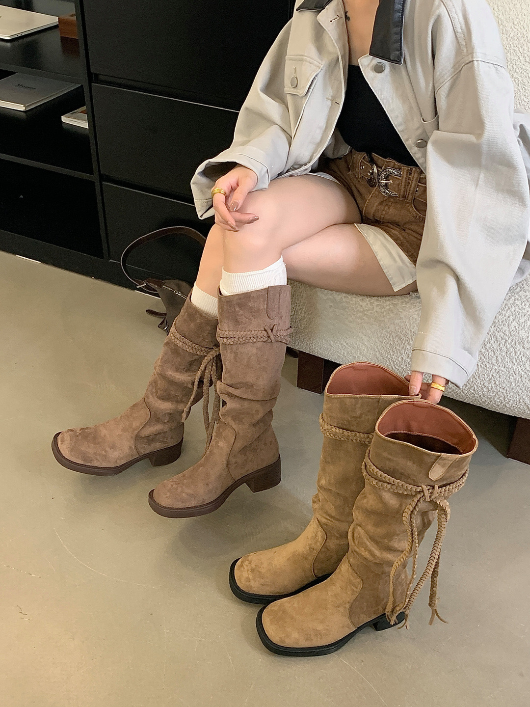 Solid Color Hemp Rope Cross Strap Pointed Thick Heeled Long Autumn Winter New Punk Rock New Style Women Knee High Boots 35-39
