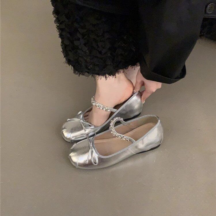 Women's Fashion Casual Shoes:Flat Bottom Comfort Mary Jane Shoe France Gentle Style Dress Wear,Black/Apricot/Pink/Silver,Free shipping