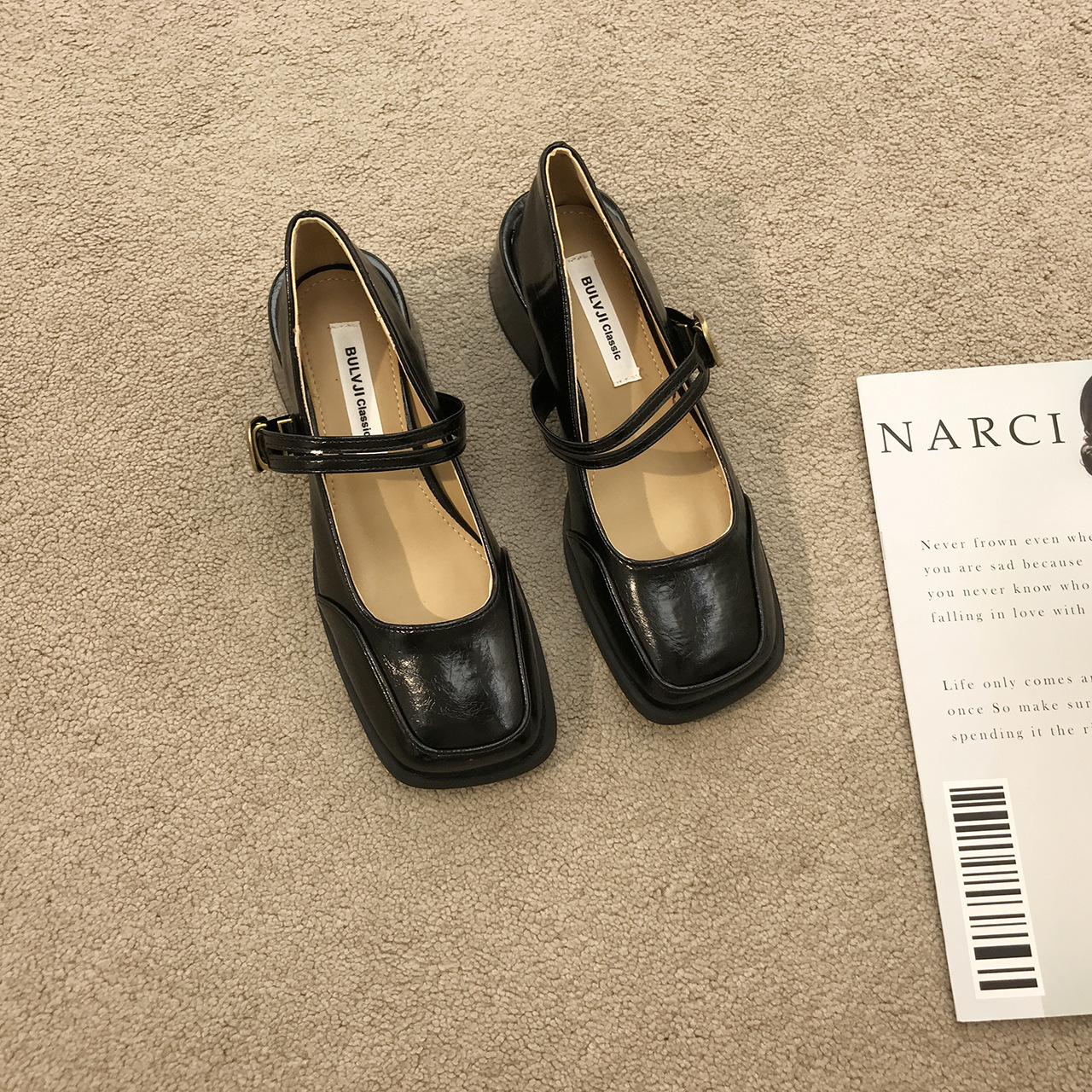 Women's Fashion Dress Shoes:High Heel French Retro Square Toe Chunky Heel Mary Jane Shoes Leather,Black/Brown/Apricot,Free shipping