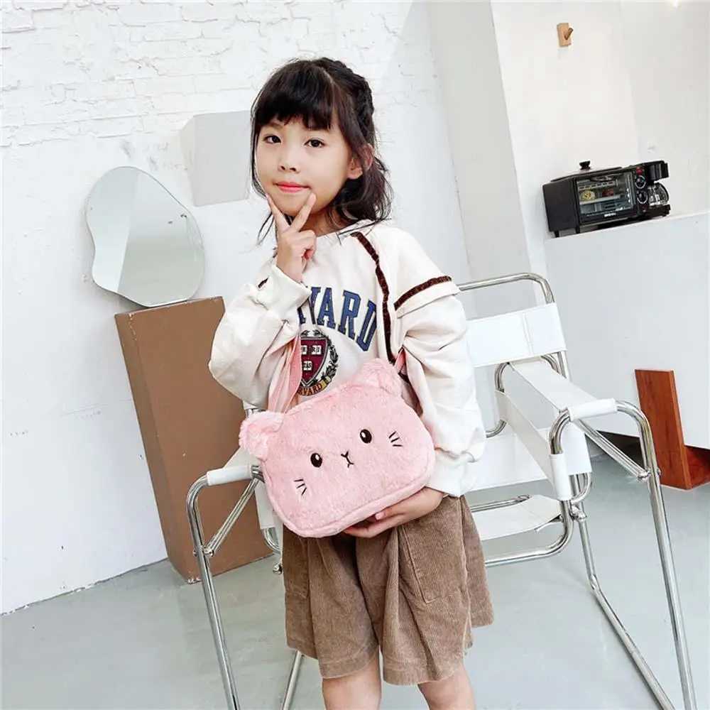 Plush Childrens Messenger Bag Cute Cat Lovely Kids Crossbody Handbags Zipper Little Girl Purse Gift For Child LX241104