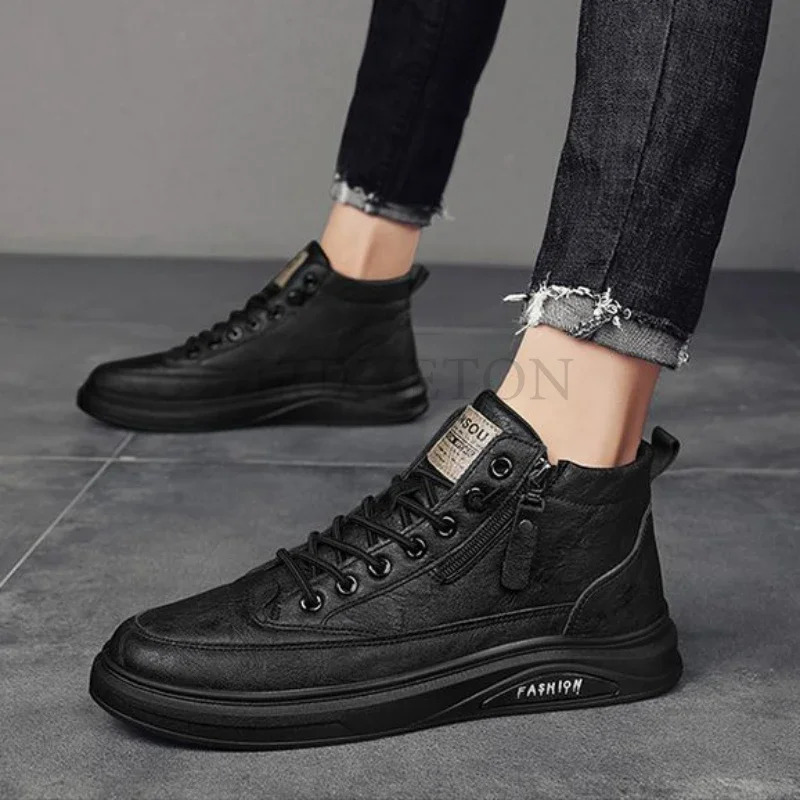 Men leather casual shoes 2024 fashionable and comfortable soft men high top side zipper mid sports 241104
