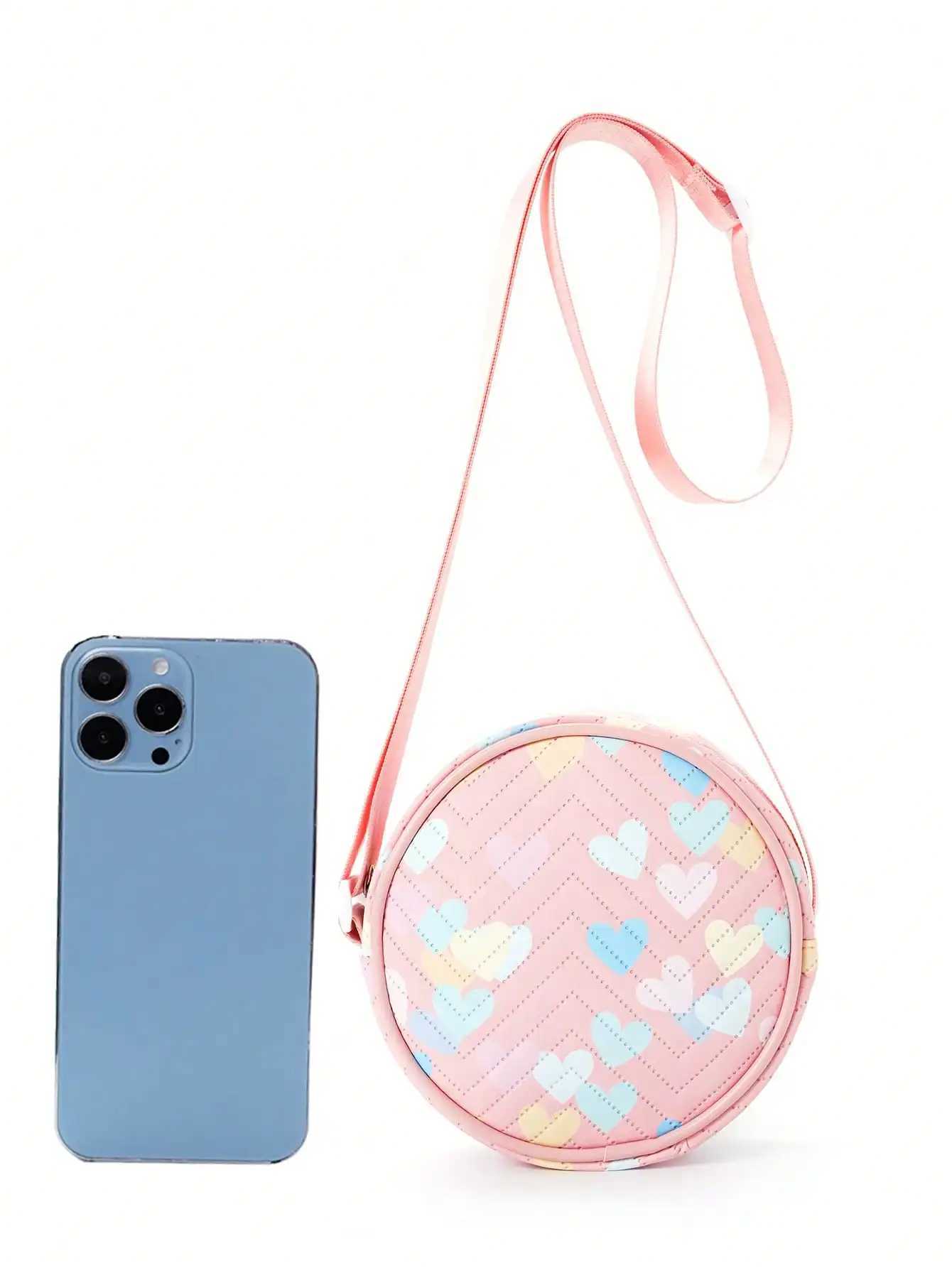Girls Heart Pattern Adjustable-strap PU Zipper Circle Bag Crossbody Bag LX241104