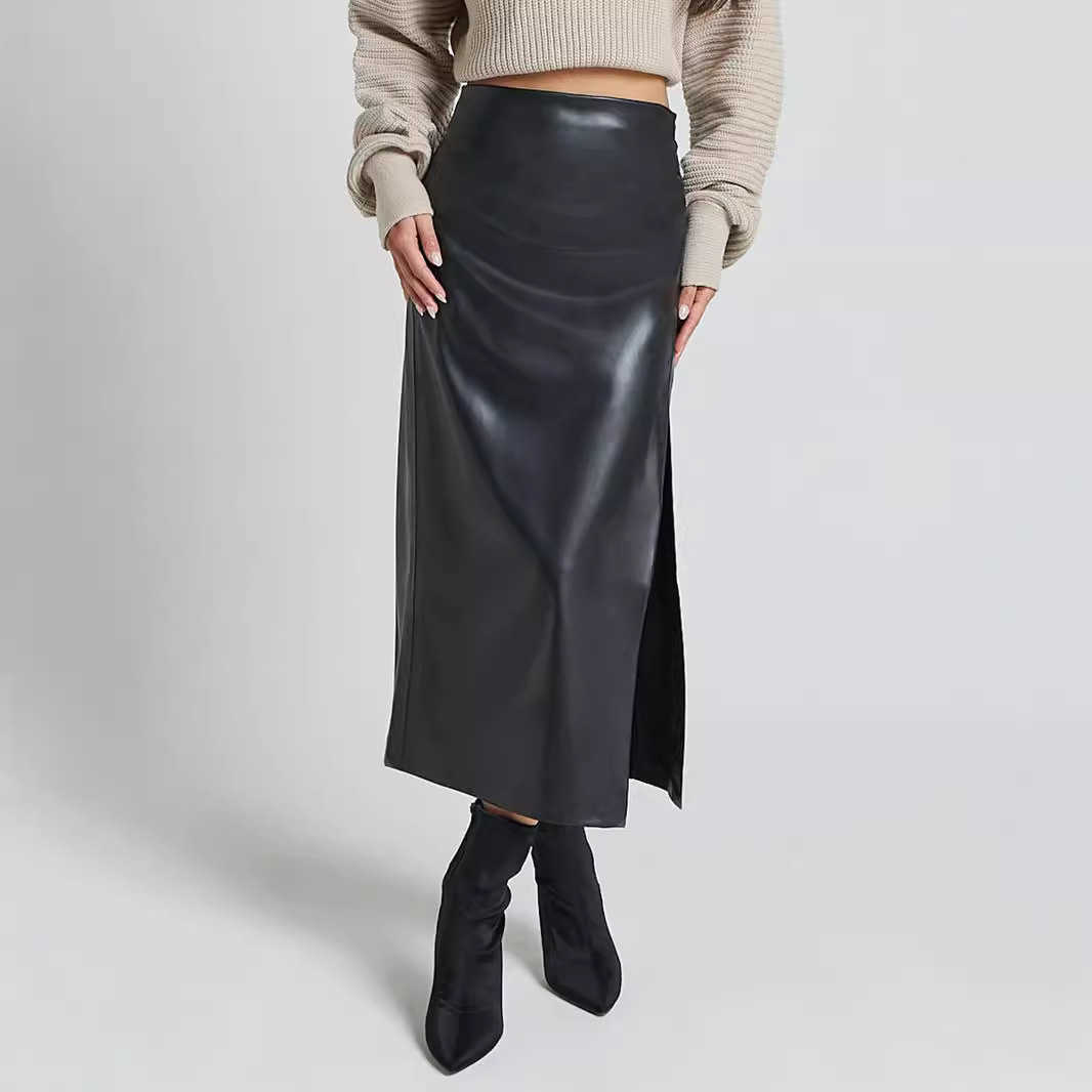 Autumn And Winter Pu Leather Skirt High Waisted Zipper Black Skirts Half Split Skirt Slim Fit Hip Hugging Long Skirt For Women Skirt 241023