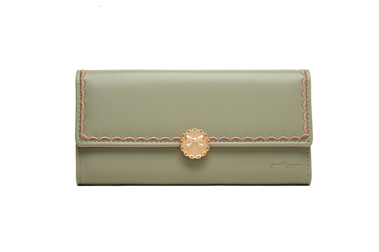 Love Step New Long Women's Solid Color Bow Buckle Three Fold Embroidered Handbag Wallet Clip