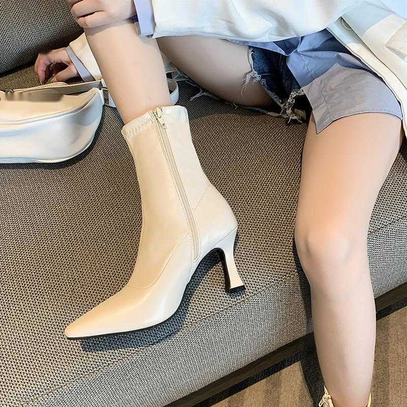 CMM Short Boots for Women Autumn New Elastic Slim Boots Pointed Thin Heels High Heels Mid Calf Boots Minimalist Single Boots