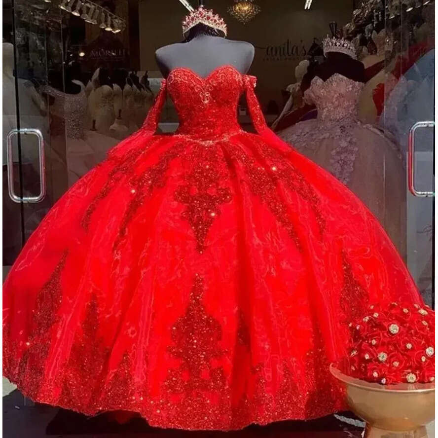 Organza Red Sweet Quinceanera Dresses Sequined Applique Beaded Sweetheart Tulle Layered Ruffles Pageant Dress Mexican Girl Birthday Gowns Bc