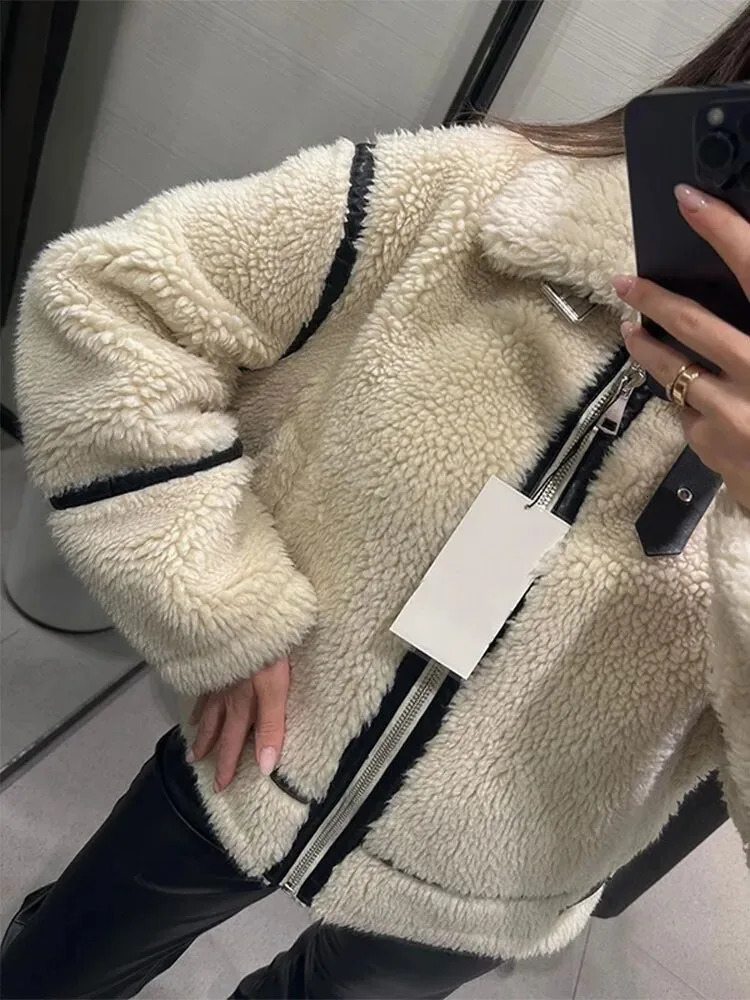 Women Fur Zipper Jacket Plush Coat Loose Long Sleeve Lapel Collar Thicken Coats Winter Fashion Female Warm Street Outwears 241029