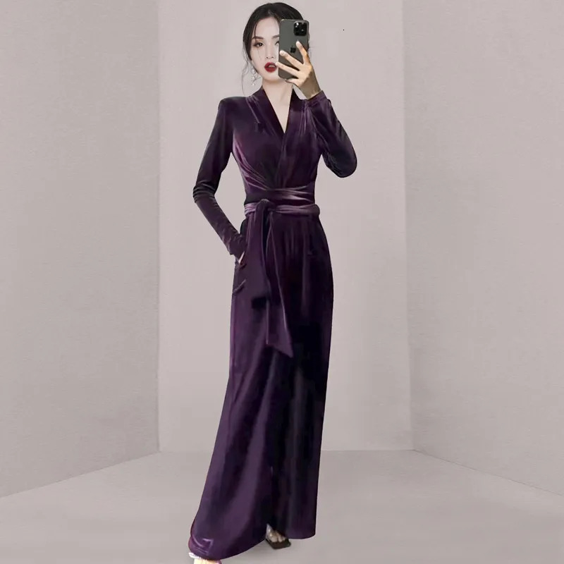 elegant autumn purple velvet jumpsuit womens V-neck high waisted lace pocket office womens wide leg jumpsuit 241031
