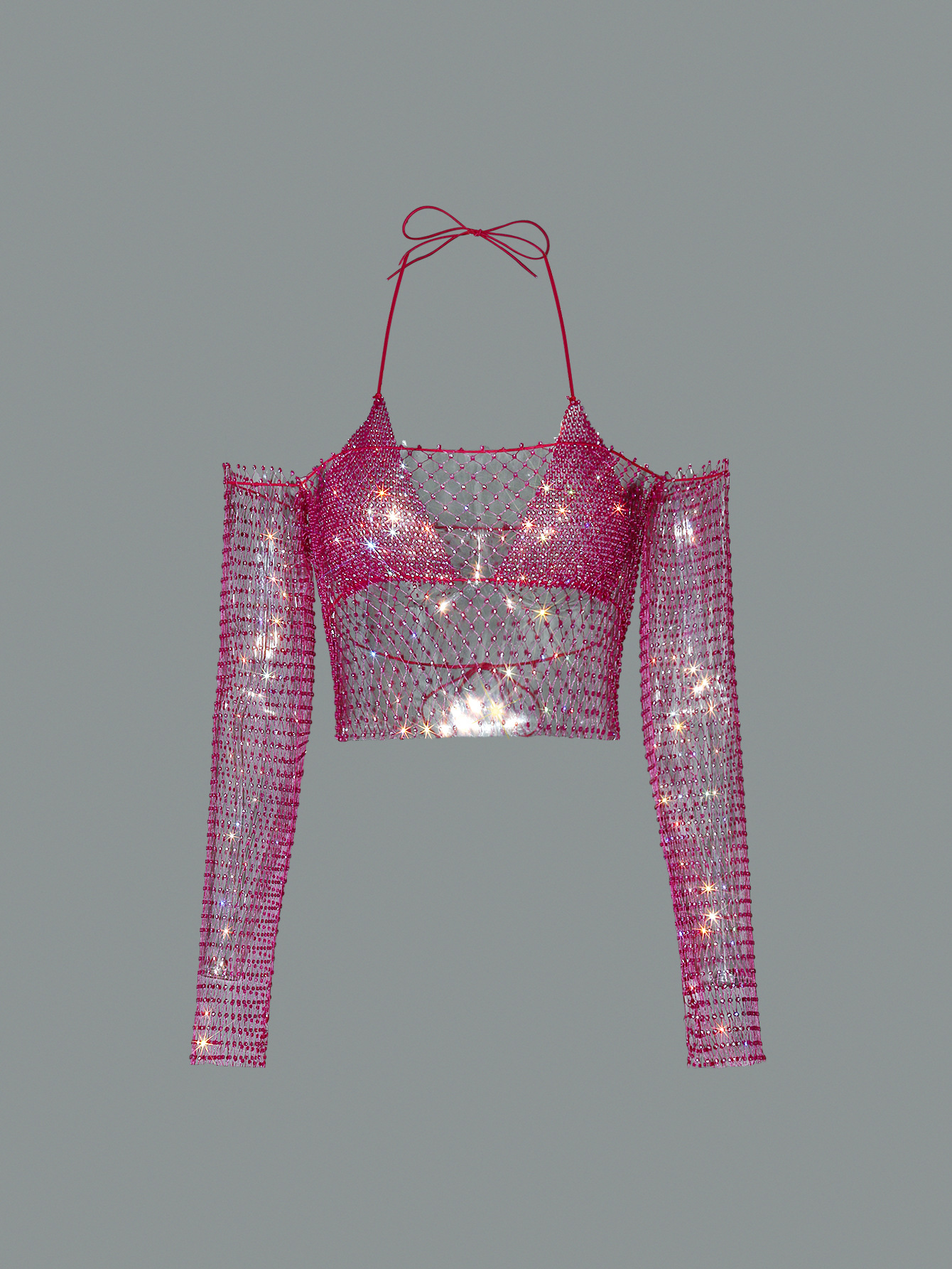 Women's T-Shirt Sling Top 2 Piece Set Sexy Halter Neck Bra And Shiny Rhinestone See Through Mesh Off Shoulder T Short Beach Party Crop Top