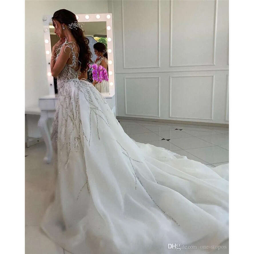 Real Pictures Crystal Beaded Mermaid Wedding Dresses With Detachable Train Appliqued Feathers Saudi Arabic Dubai Bridal Gown Cph032