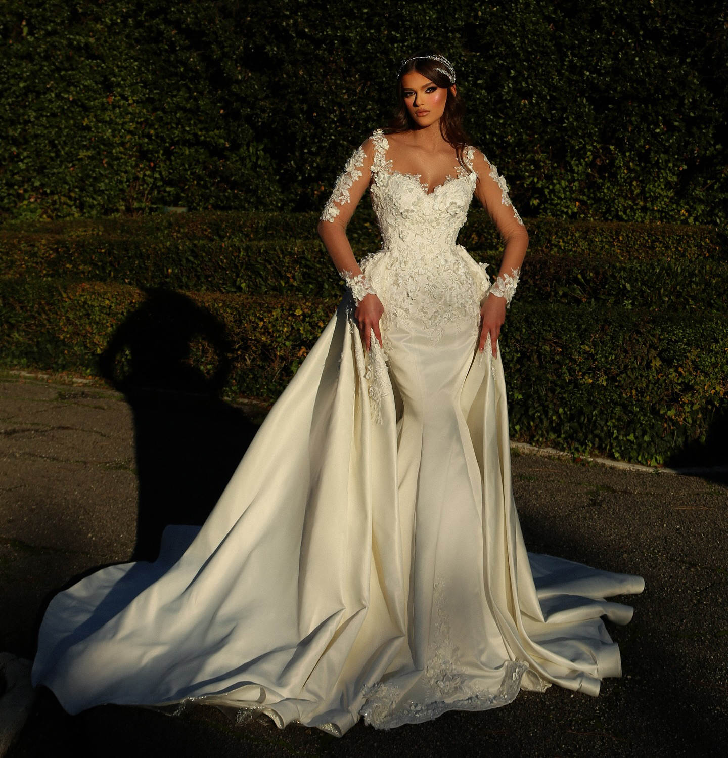 Classic Mermaid Wedding Dress Sheer Neck Long Sleeves Bridal Gowns Appliques Detachable Train Dresses Custom Made vestidos de novia