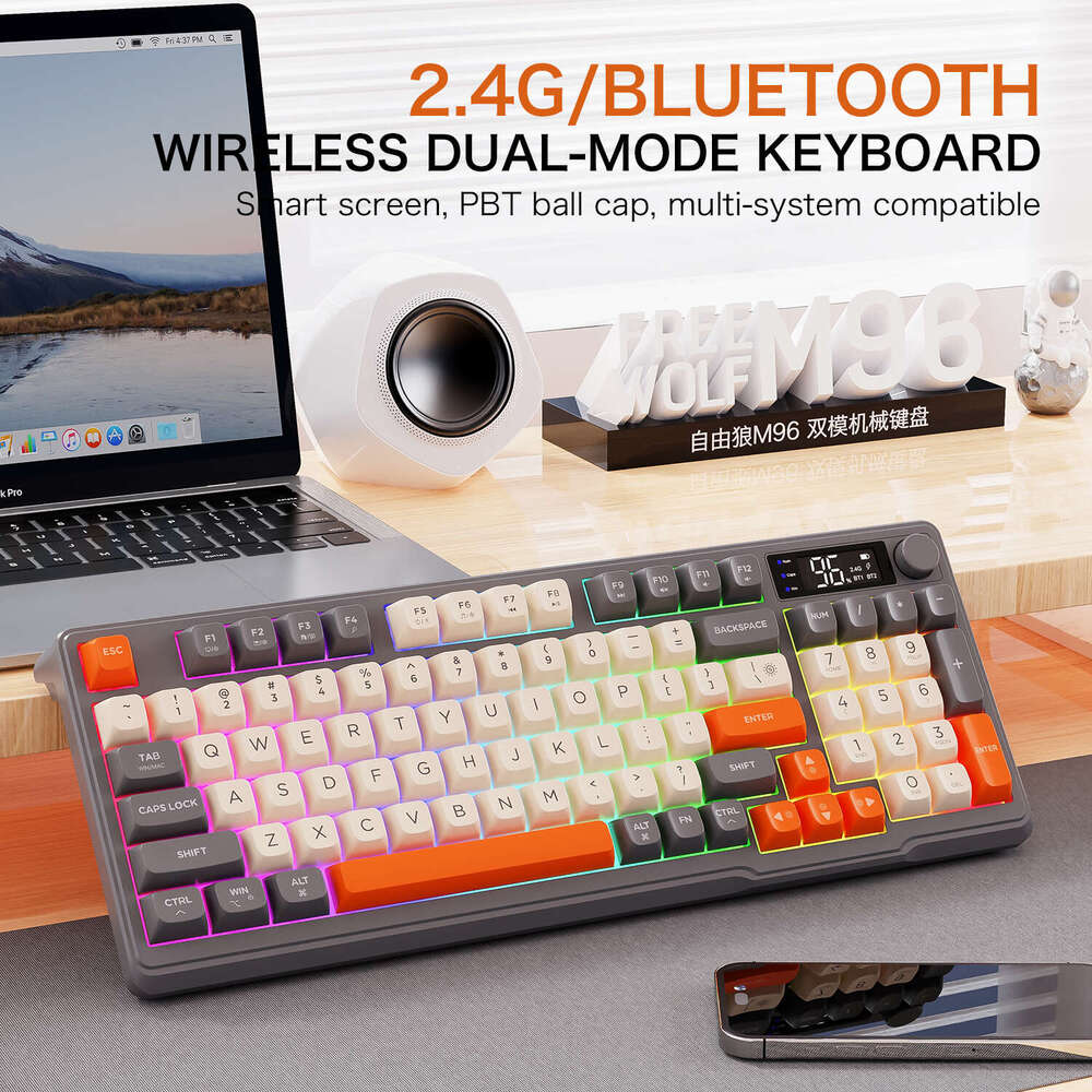 M96 Bluetooth Keyboard,2.4G Dual Mode Connection,Battery Digital Display,Multimedia Knob, Colourful Light,PC Notebook