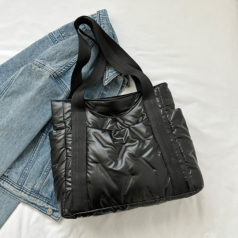 Winter Down Cotton Casual Tote Bags Women, Solid Color Fashion Shoulder Bag Ladies Handbags For Commuting & Gift