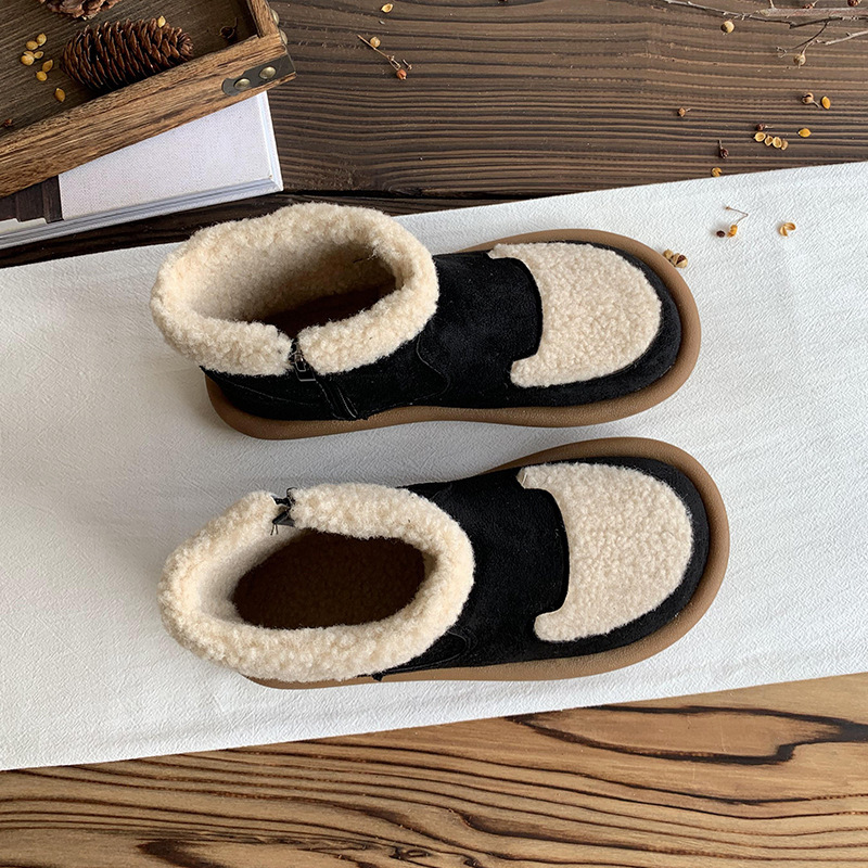 Women's Fahshion Boots:Anti Slip Snow Boots Suede Short Boots 2024 New Trendy Flat Bottom Winter Warm,Apricot/Black,Free shipping