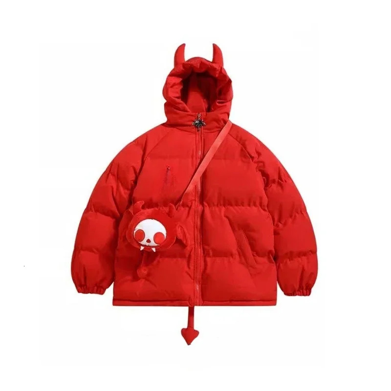 Women Black Gothic Thicken Parkas Hip Hop Horns Wing Couple Hooded Padded Jacket Streetwear Emo Coat Winter Clothes