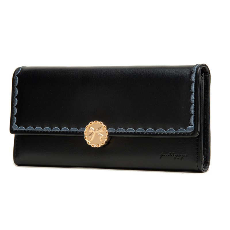 Love Step New Long Women's Solid Color Bow Buckle Three Fold Embroidered Handbag Wallet Clip