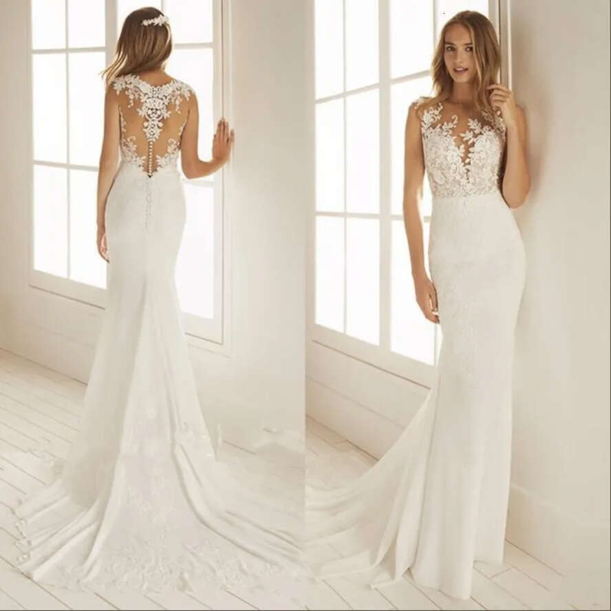 Mermaid Dresses Beach Lace Applique Illusion Bodice Bohemian Wedding Dress Bridal Gown Vestido De Noiva With Buttons