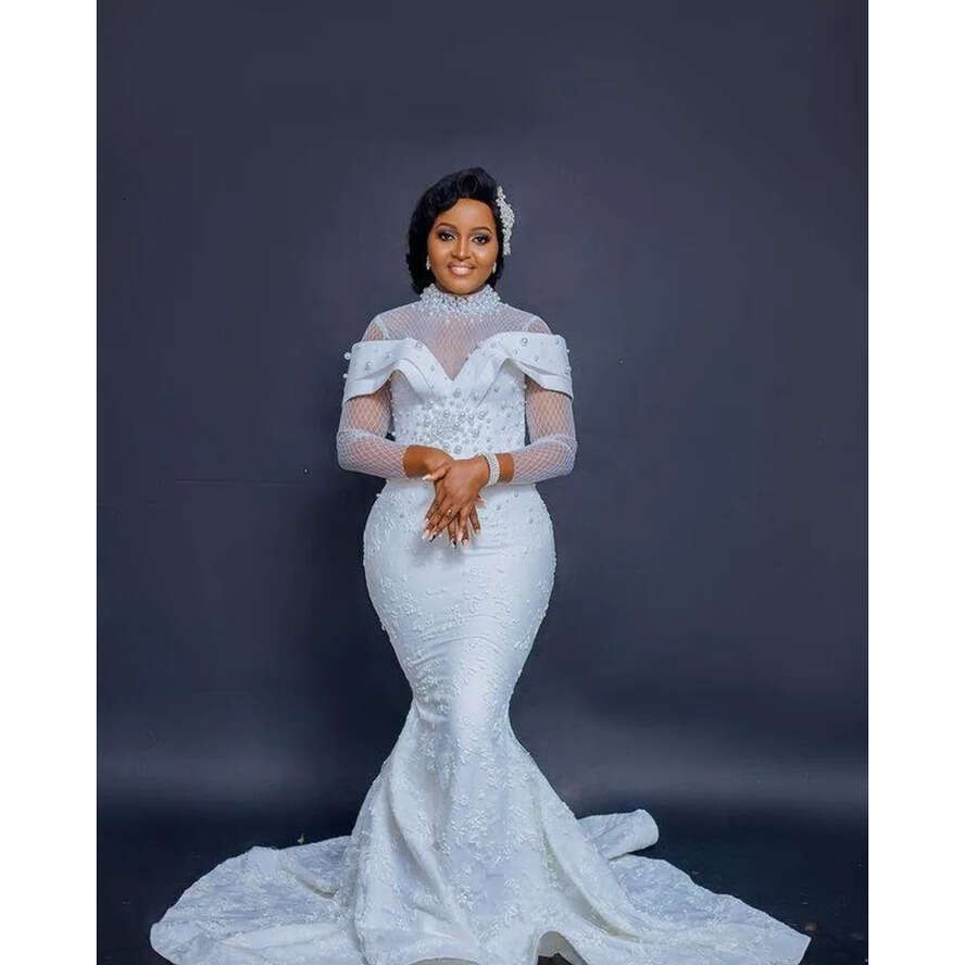 2022 Plus Size Arabic Aso Ebi Urious Mermaid Lace Wedding Pearls Long Sleeves Vintage Bridal Gowns Dress