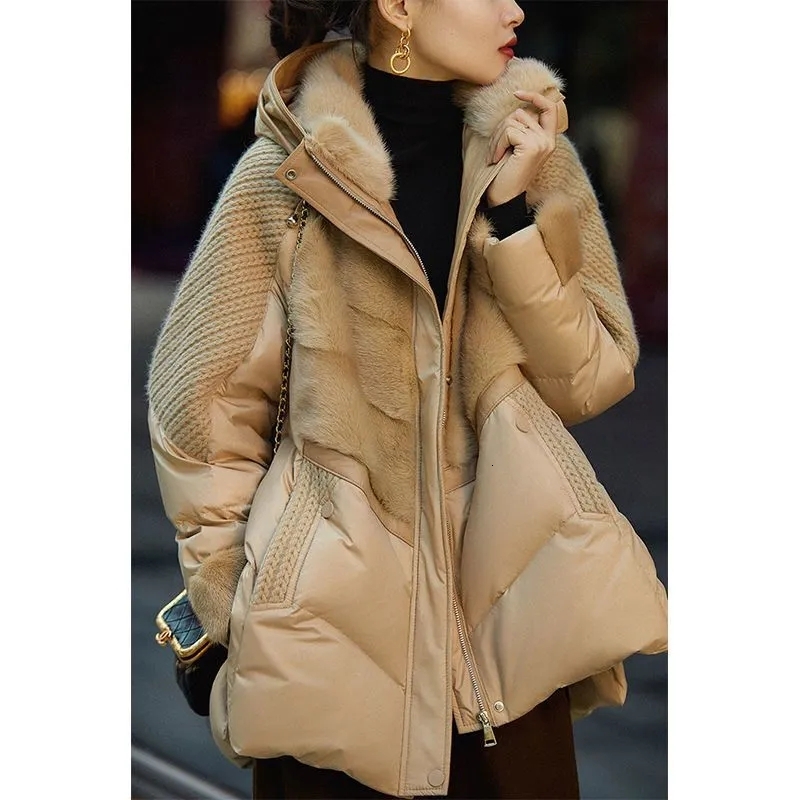 Womens Hooded Down Winter Jacket 2024 Knitting Splice Warm Coat Women Cotton Clothes Parka