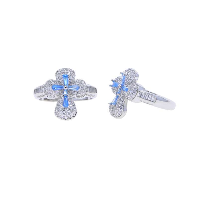 Men's Women's Iced Out Cross Ring: Full Paved Blue White Cubic Zirconia Hip Hop Jewelry Gift