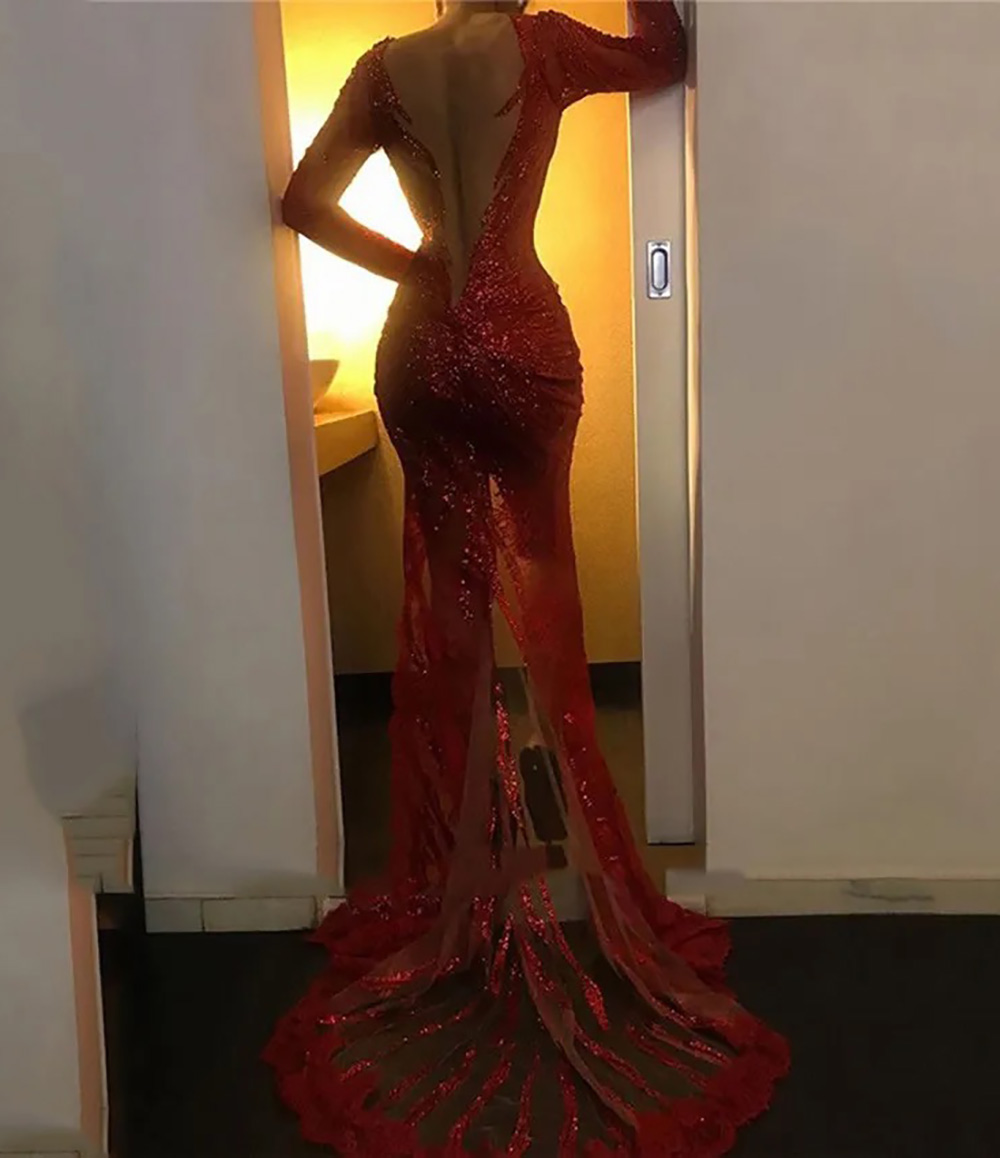 Red Prom Dresses Party Gown Mermaid Trumpet Girl Illusion Beaded Applique Sequins New Custom Plus Size Formal Long Sleeve V-Neck Split