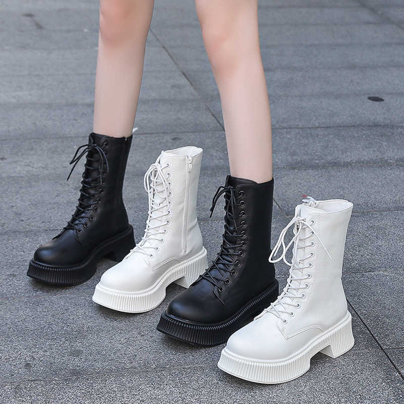 CMM British Thick Heel Plus Size Boots for Women Autumn and Winter Versatile Slimming Lace Up Fashion Chelsea Boots Chimney Boots