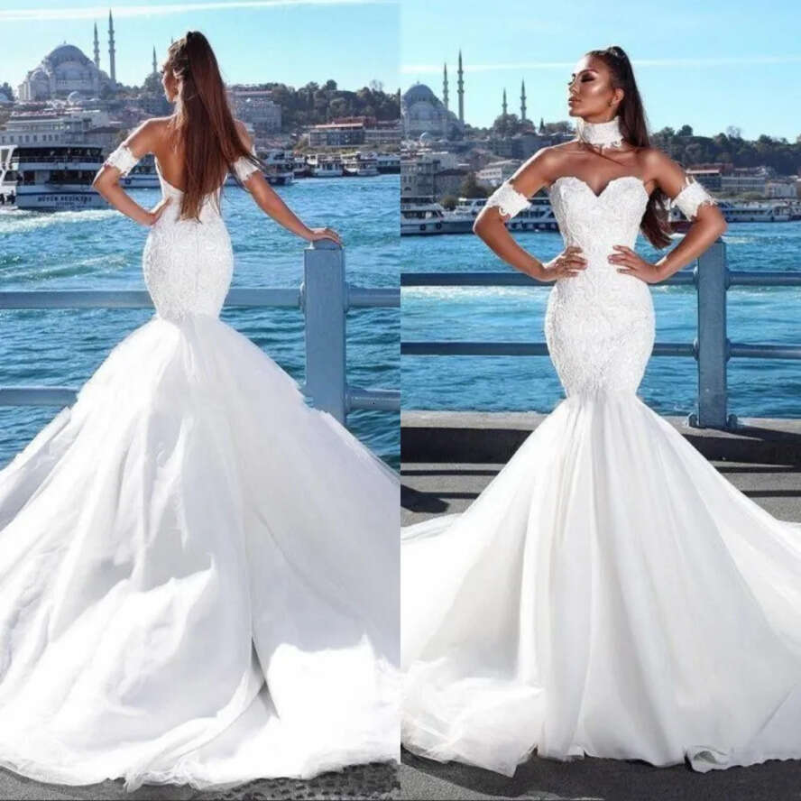 Long Beach Chapel Train Wedding Dresses White Lace Tulle Sexy Backless Sweetheart Neck Vestido De Noiva Bridal Gowns