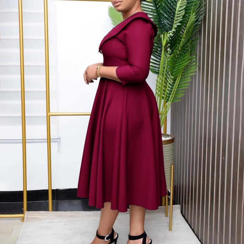 Casual Dresses Elegant Office Dress For Women Midi With Sleeve O Neck Turn Down Collar Three Quarter Belt Waisted Mid Calf Formal Work OL