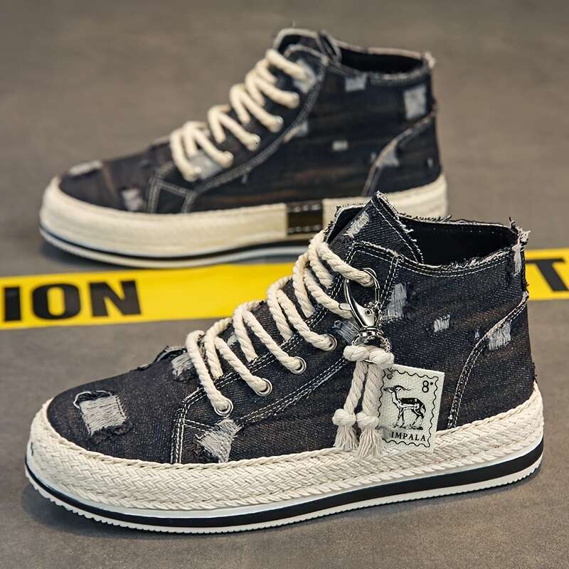 Distressed Denim High Top Skate Shoes With Good Grip, Breathable Lace-up Sneakers, Men's Footwear, Espadrilles Inspired Look.